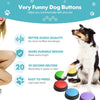 A dog is interacting with a colorful recordable talking button designed for pet training.