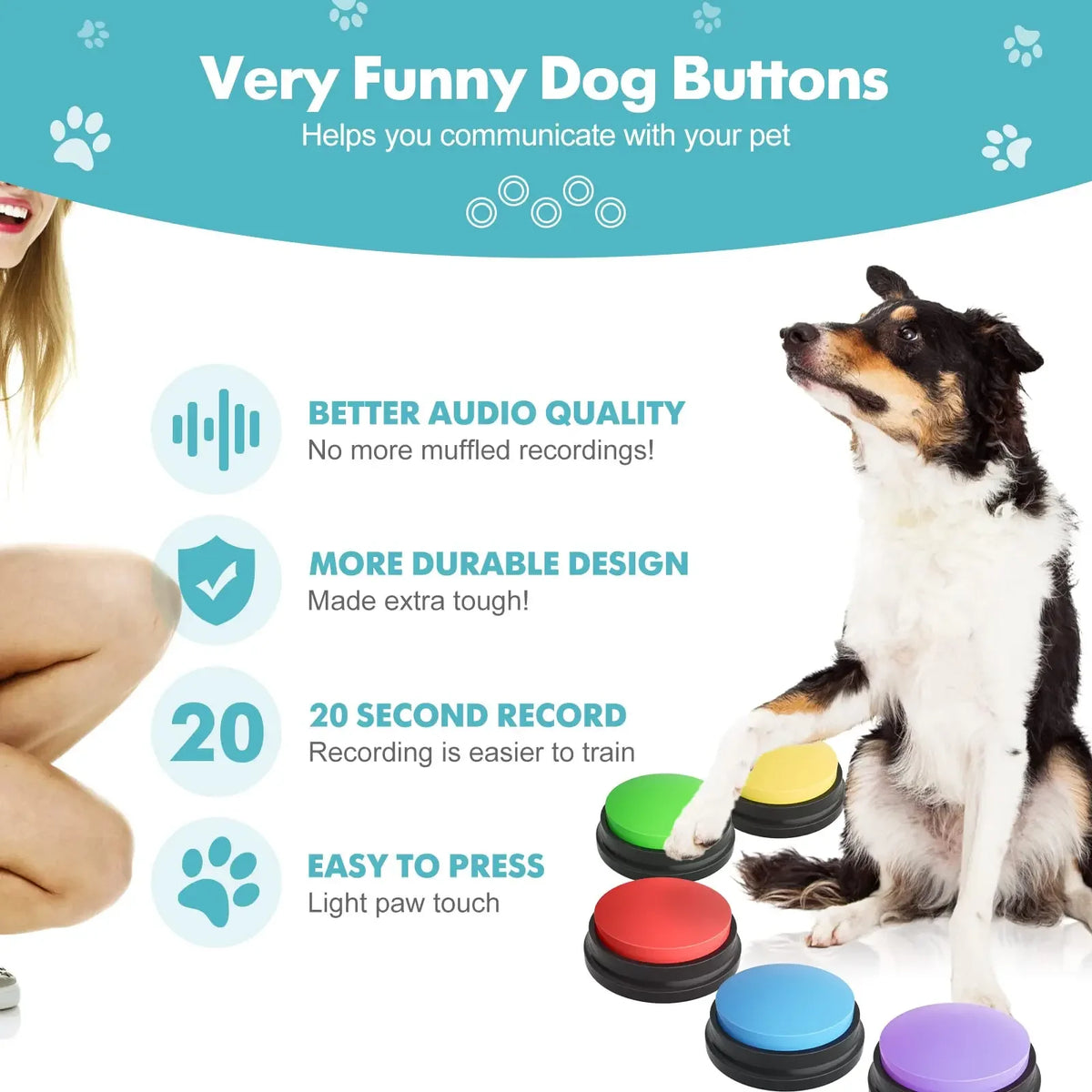 A dog is interacting with a colorful recordable talking button designed for pet training.