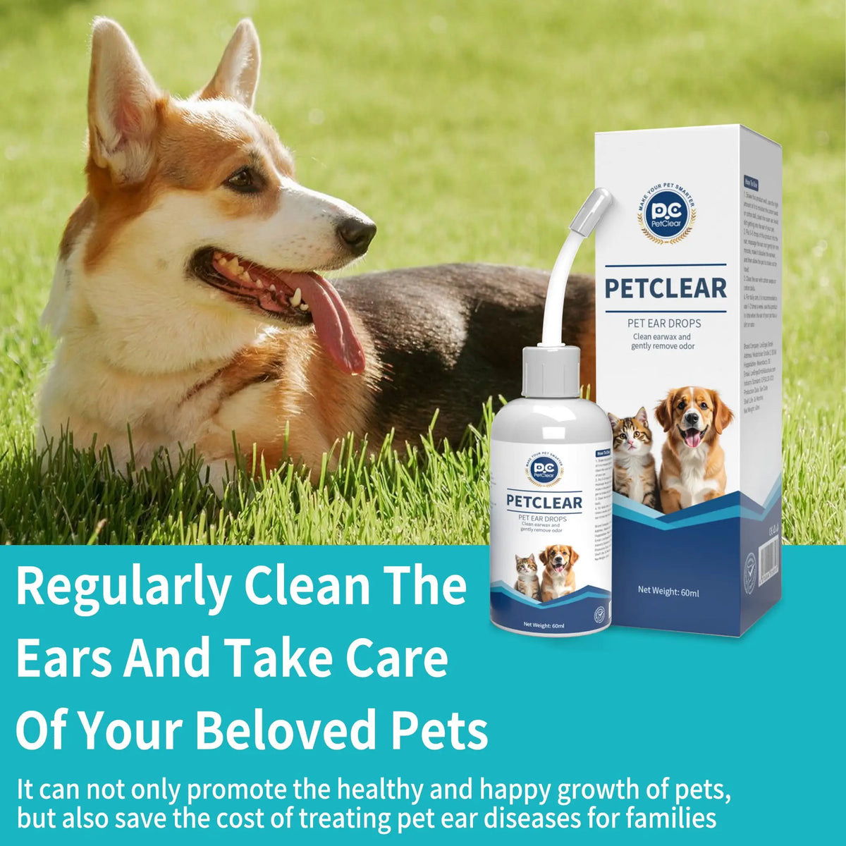 زجاجة قطرات أذن لـ Petclear بجانب كلب سعيد، للترويج لتنظيف الأذن المنتظم للحيوانات الأليفة.