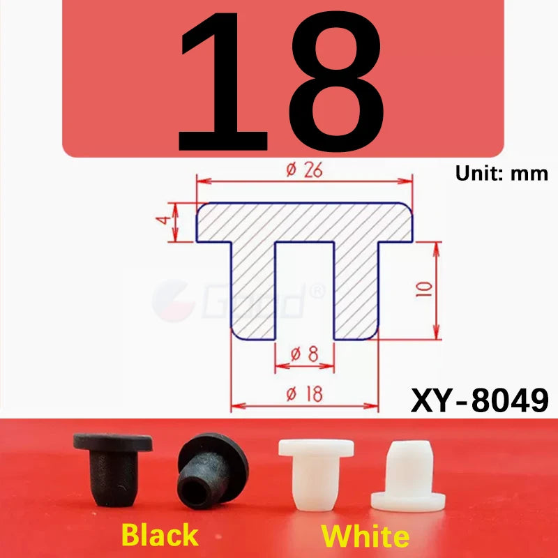 A set of silicone rubber hole plugs in black and white, with dimensions shown for the XY-8049 product.