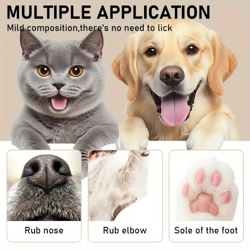 Multiple application balm for dogs and cats showing use on nose, elbow, and paw