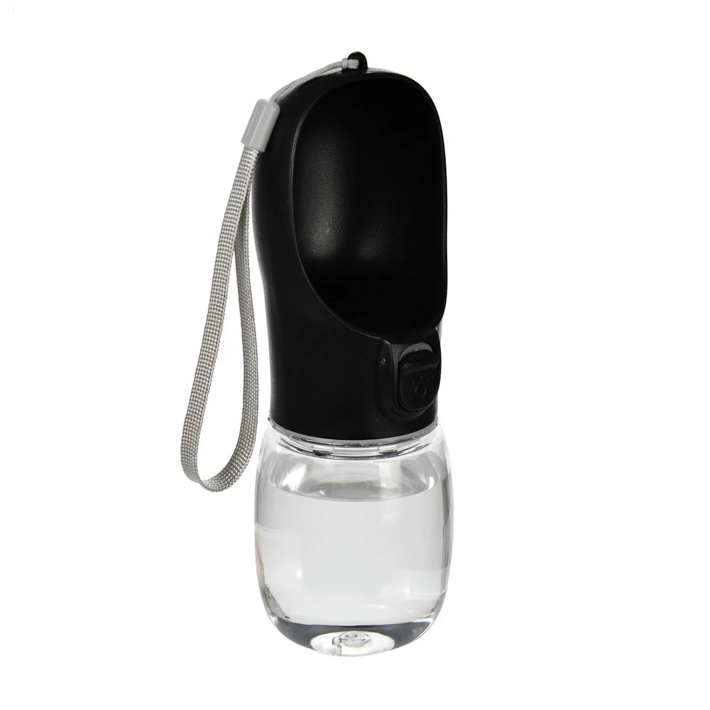 A black portable leakproof dog water bottle with a built-in bowl and a flexible straw.