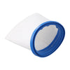 A white reusable sand and silt filter bag with a blue rim, shown at an angle.