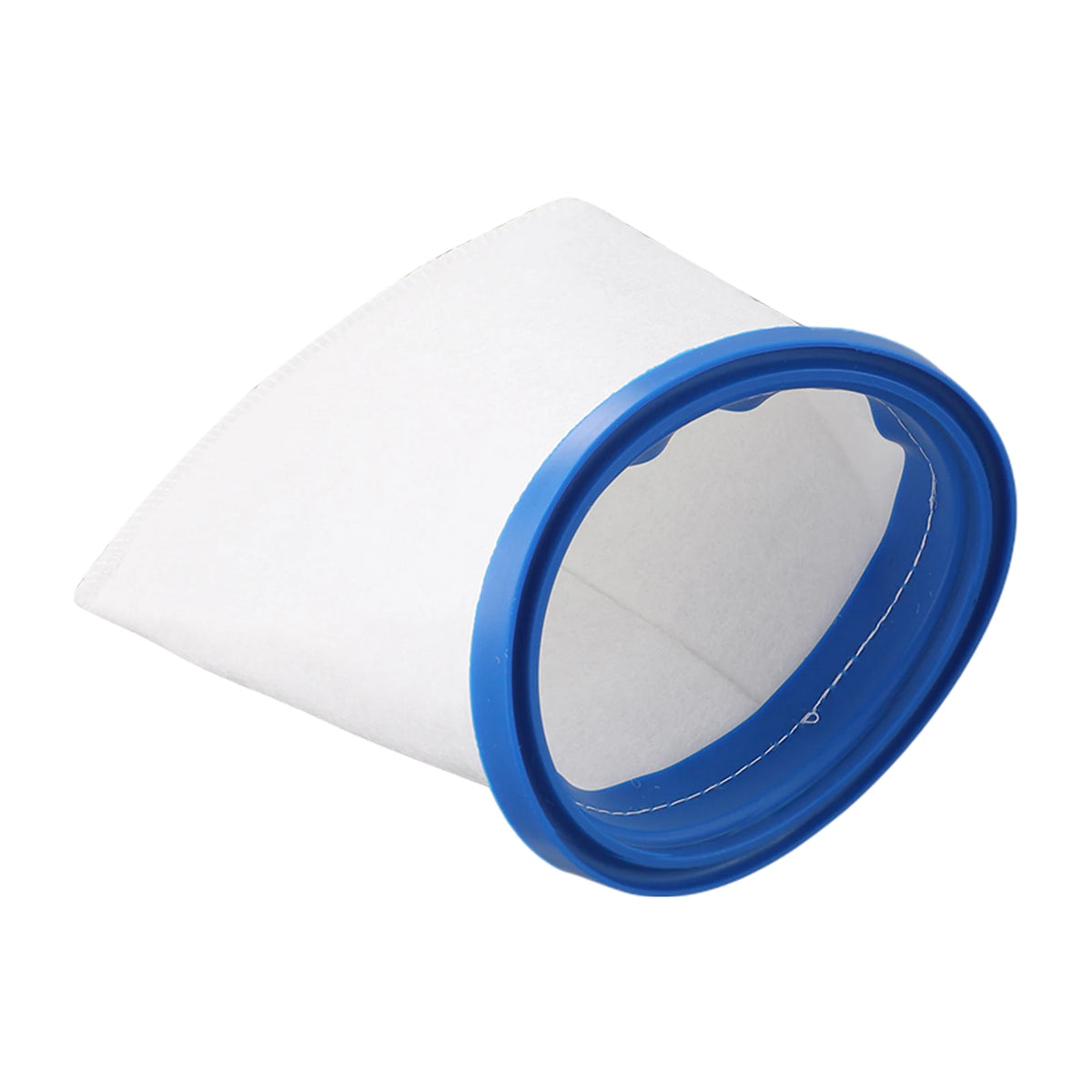 A white reusable sand and silt filter bag with a blue rim, shown at an angle.
