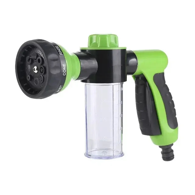 A green and black high-pressure foam cleaning gun for cars and gardens.