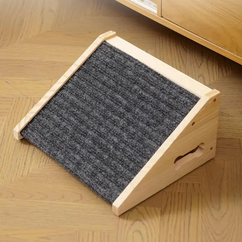 Solid wood pet stairs with non-slip steps made of light wood and gray textured material