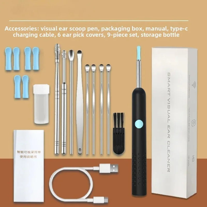 Set intelligenter Ohrreiniger mit Stift, Verpackung, Anleitung, Ladekabel, Ohrpick-Cover und Aufbewährungsflasche