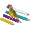 A small green and yellow parrot perched on a rolled natural wooden perch stand.