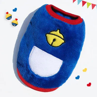 A bright blue fleece puffer vest with a yellow embroidered bell on the chest.