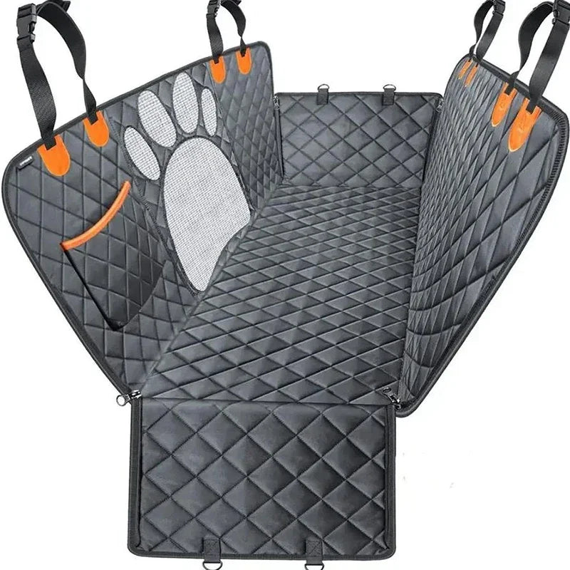 Gray waterproof dog car seat cover featuring a mesh window and side zippers for pet safety