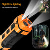 Orange and black ultrasonic dog bark control device emitting a bright light beam in a forest setting.