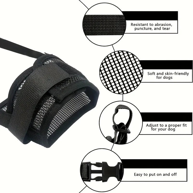 Black adjustable soft dog muzzle with mesh padding designed to be resistant to abrasion and easy to put on and off