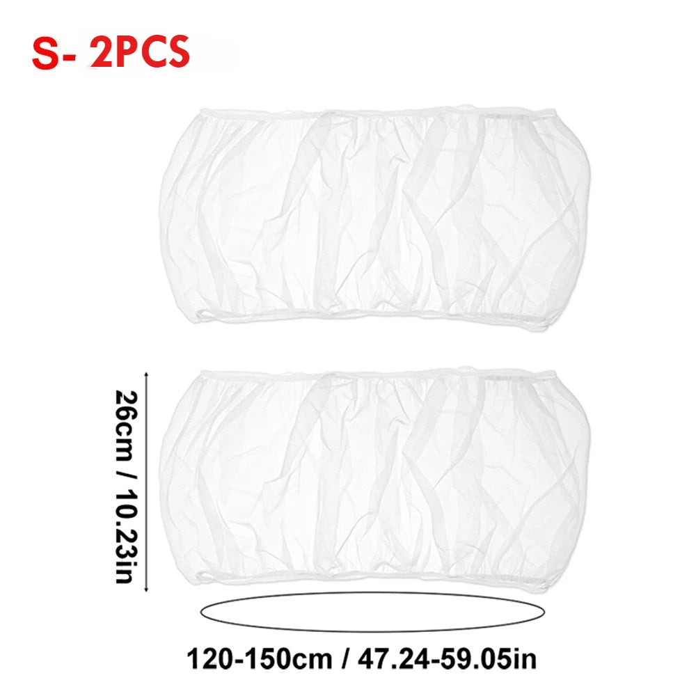 Two pieces of stretchy bird cage seed guard net material shown with dimensions 26cm by 10.23in and a length of 120-150cm or 4