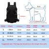 Sac à dos respirant noir pour animaux avec tableau des tailles indiquant les dimensions pour petits et grands chiens et chats