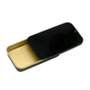 A compact sliding lid tin box with a black lid and a gold interior for storing treats, pills, or small items.