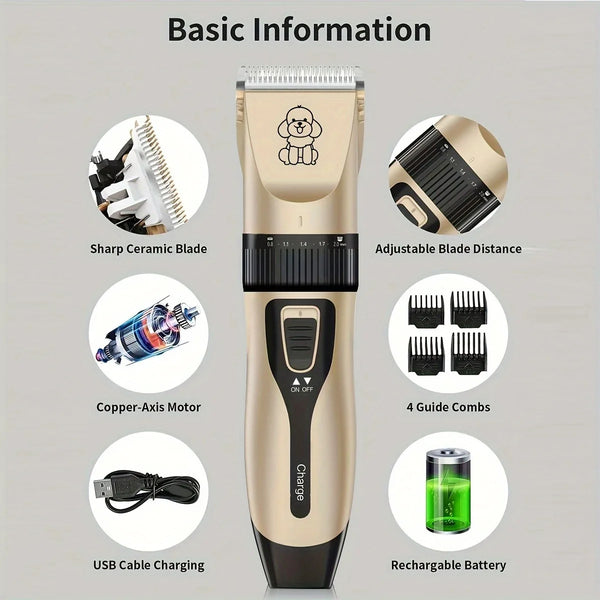 A beige cordless pet grooming trimmer with a sharp ceramic blade, copper-axis motor, and USB rechargeable battery.