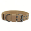 Tan tactical nylon dog collar with a silver metal buckle for medium and large breeds