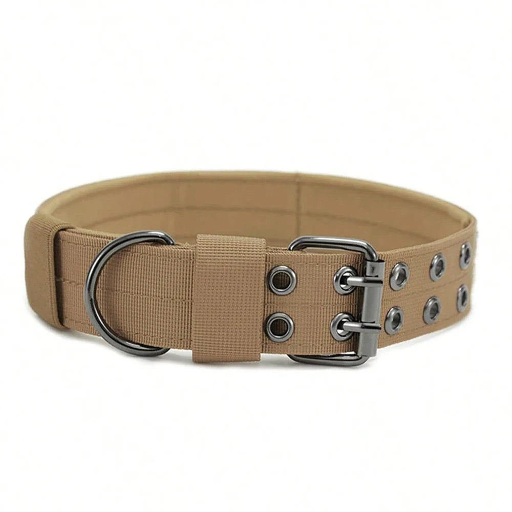 Tan tactical nylon dog collar with a silver metal buckle for medium and large breeds