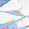 A bright blue pet hammock and hideout set featuring colorful donut shapes for a pet.
