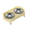 A light yellow pet feeding dish with two stainless steel bowls for dogs and cats.