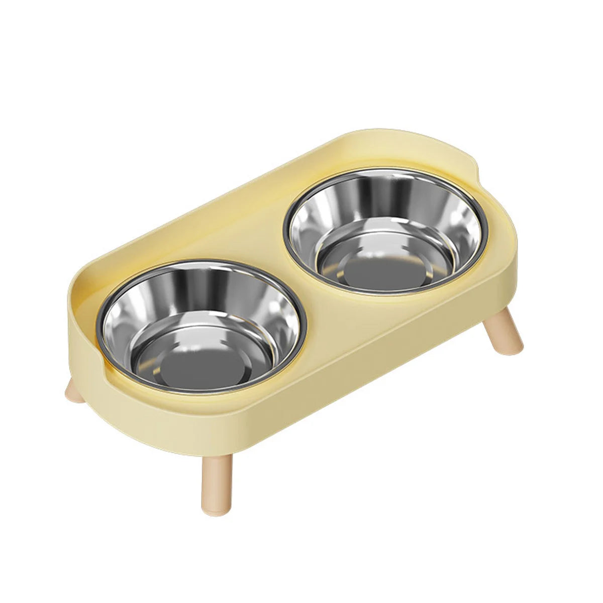 A light yellow pet feeding dish with two stainless steel bowls for dogs and cats.