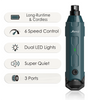 A teal dog nail grinder with features including long-runtime, 6-speed control, dual LED lights, super quiet operation, and th