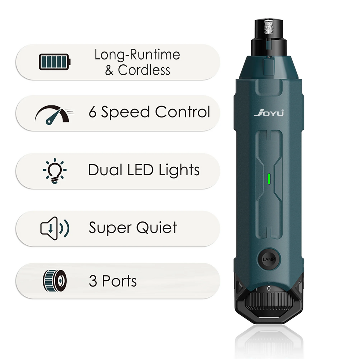 A teal dog nail grinder with features including long-runtime, 6-speed control, dual LED lights, super quiet operation, and th
