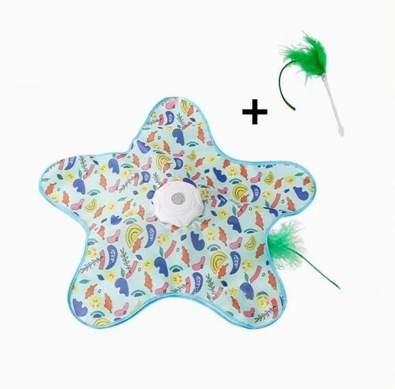 A colorful, star-shaped interactive cat teaser toy with moving green feathers and a black plus sign.