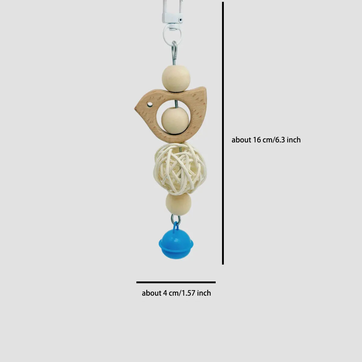 A hanging decorative parrot swing toy featuring a wooden ring, two smooth spheres, and a blue bead.