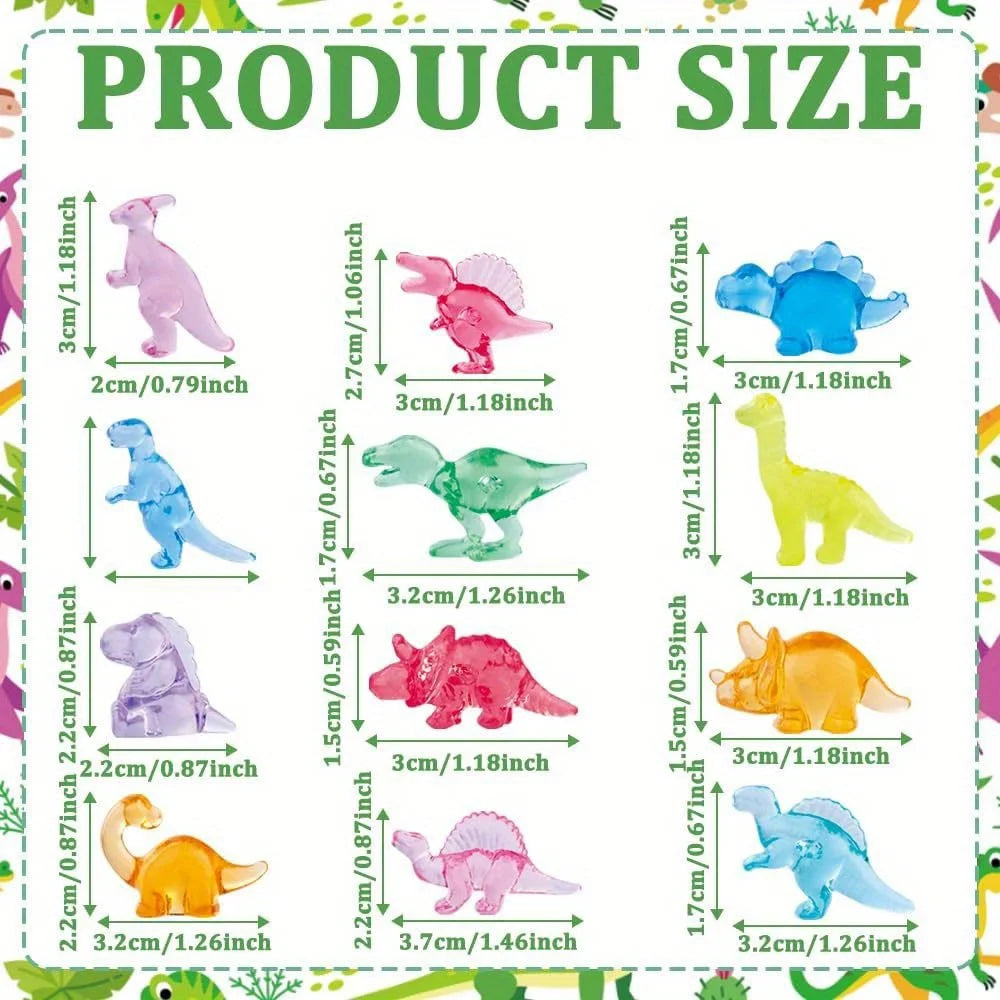 Eine Sammlung farbenfroher Mini-Harz-Dinosaurierfiguren in verschiedenen Farben und Größen auf weißem Hintergrund.