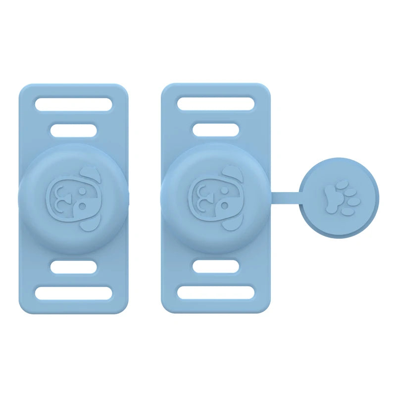 Light blue silicone holder with a circular pet silhouette for attaching to collars