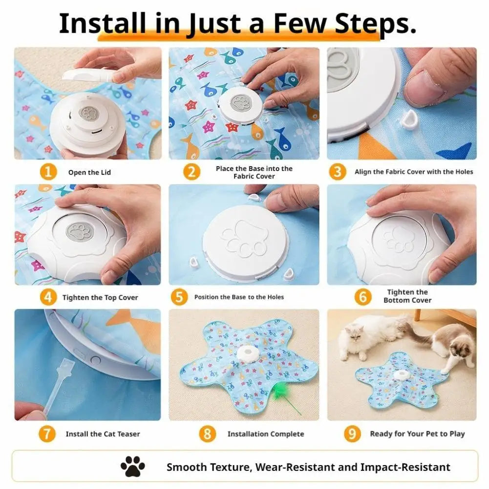 Instructions show how to install an automatic hide-and-seek cat toy with a moving feather wand.