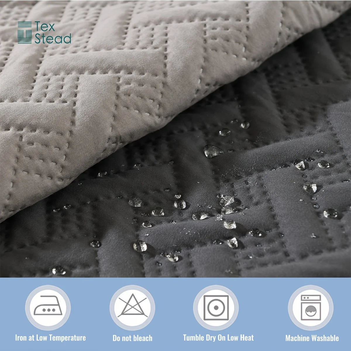 Close-up of a gray quilted pet mat showing water droplets on the surface and icons for low temperature iron, no bleach, tumbl