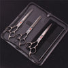 A black case holds a professional stainless steel pet grooming scissors set including various grooming tools.