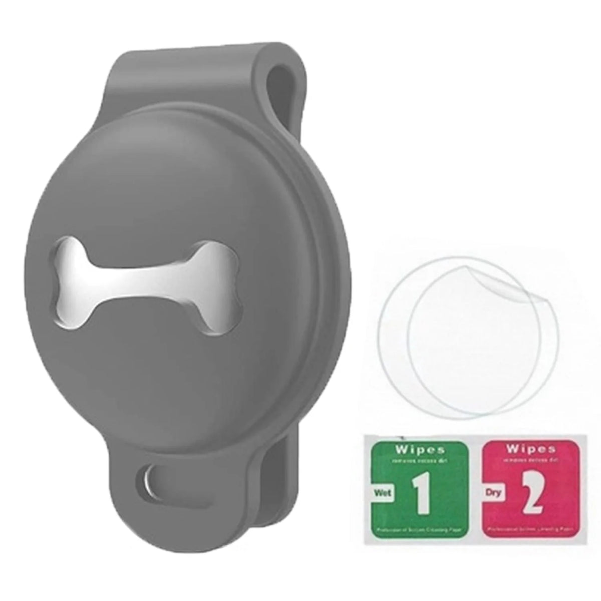 Gray silicone holder designed to attach to pet collars for AirTag devices