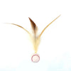 A brown and tan feather attached to a baseball, used as an interactive cat ball for hunting fun.