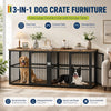 A black dog crate furniture unit featuring a large double crate with a storage table and various pet accessories.