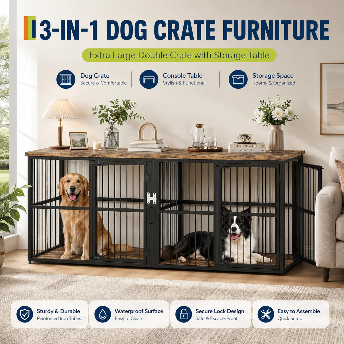 A black dog crate furniture unit featuring a large double crate with a storage table and various pet accessories.