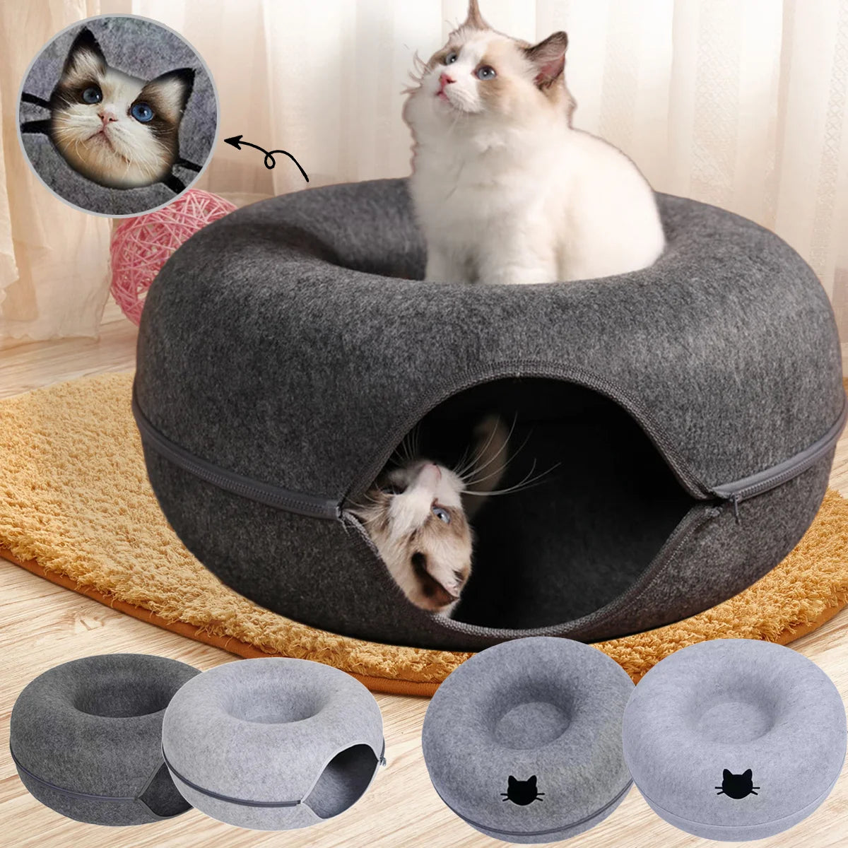A gray felt cat bed with a tunnel hideaway is shown, featuring a cat peering out of the entrance.