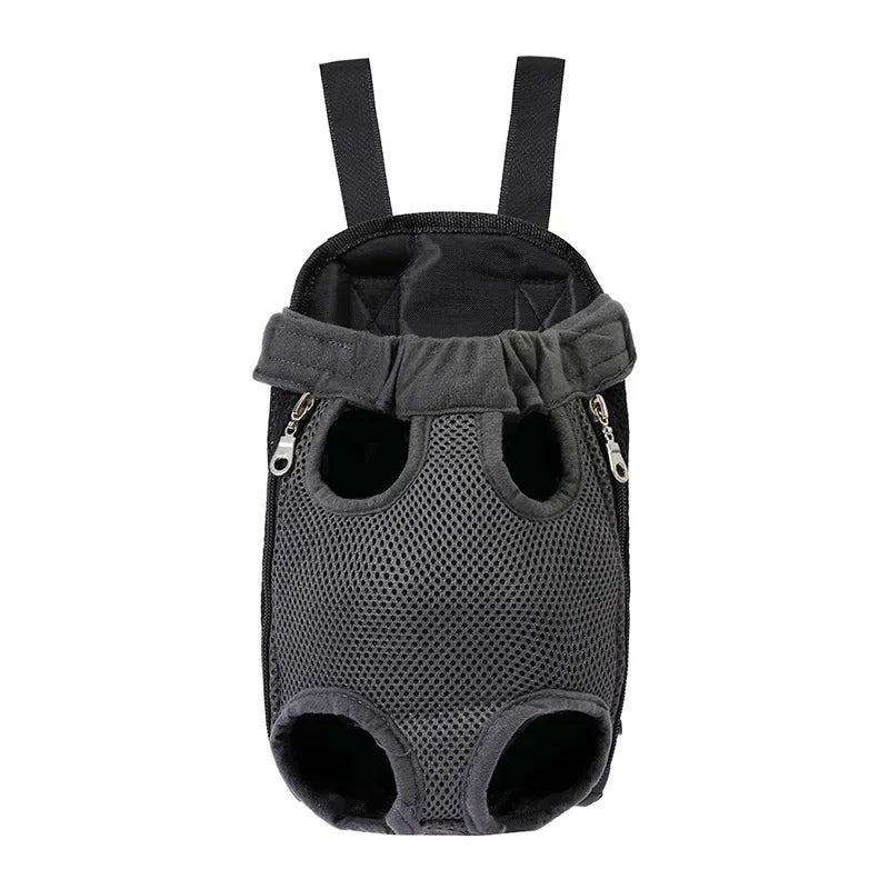 A black adjustable carrier backpack designed for cats and dogs, featuring mesh openings and straps.