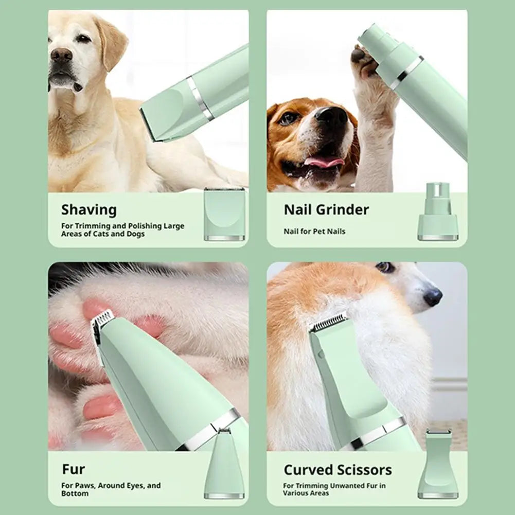 A green rechargeable pet grooming kit featuring a shaver, nail grinder, fur tool, and curved scissors for pets.