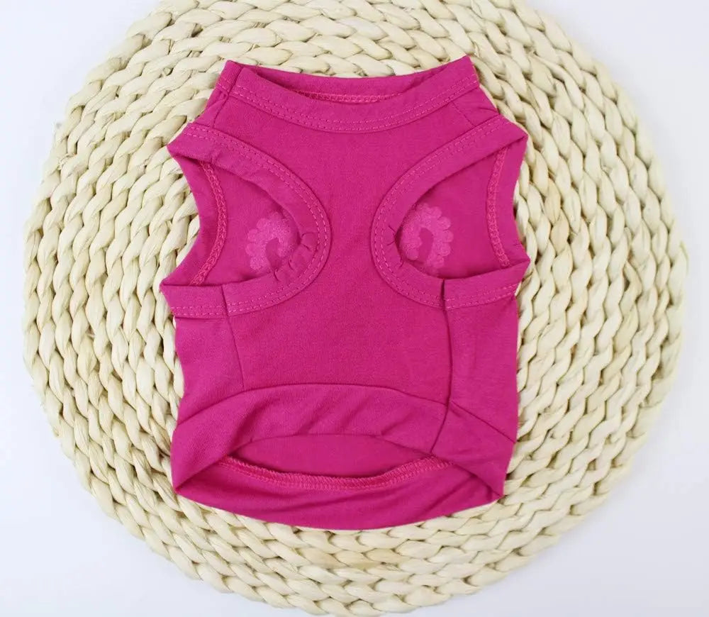 A bright pink princess crown puppy t-shirt laid on a cream woven mat.