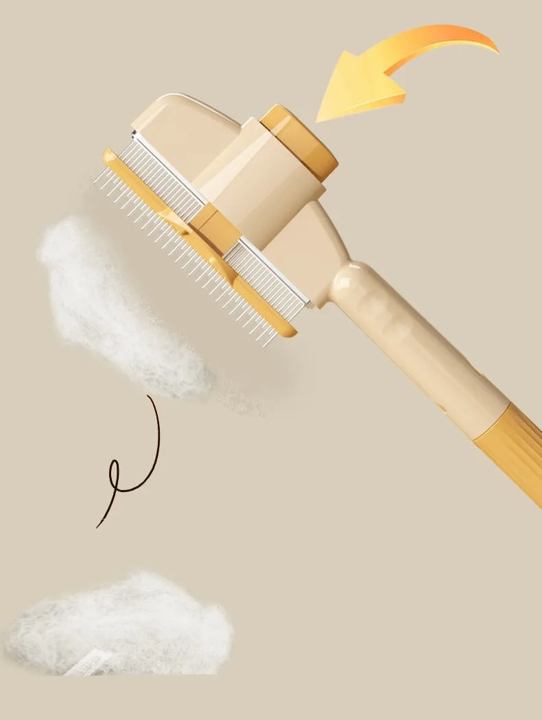 A beige pet brush with massage pins is shown, featuring a yellow arrow indicating direction and white fluff.
