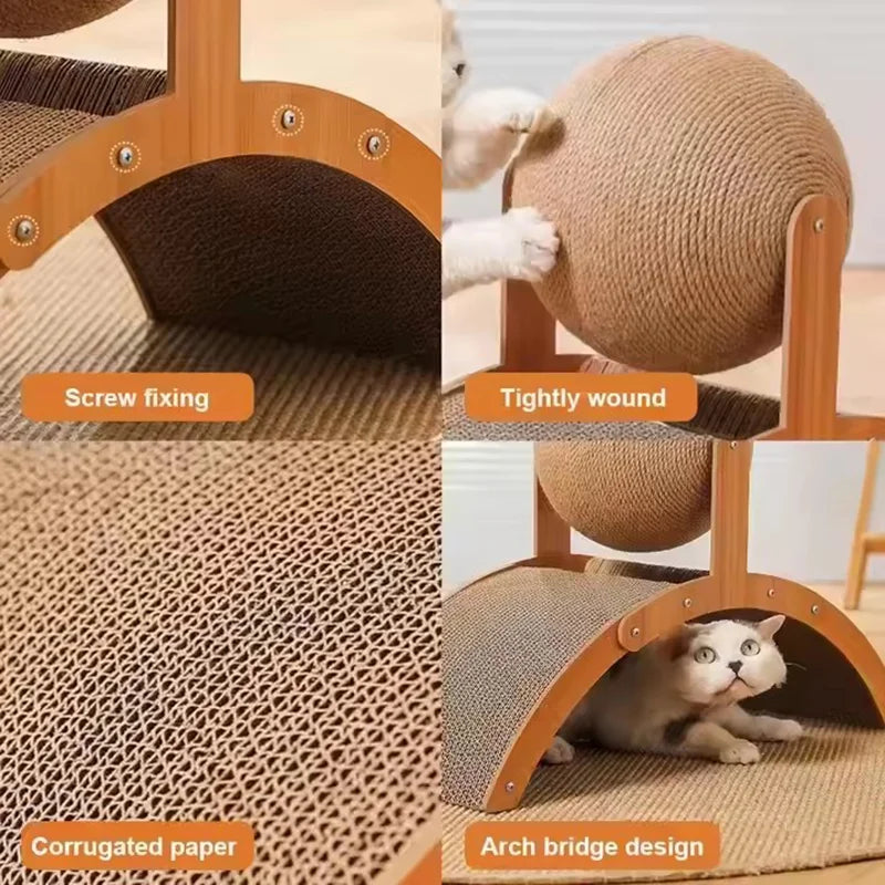 Close-up of a cat scratcher featuring a sisal ball and an arch bridge design with wooden components.