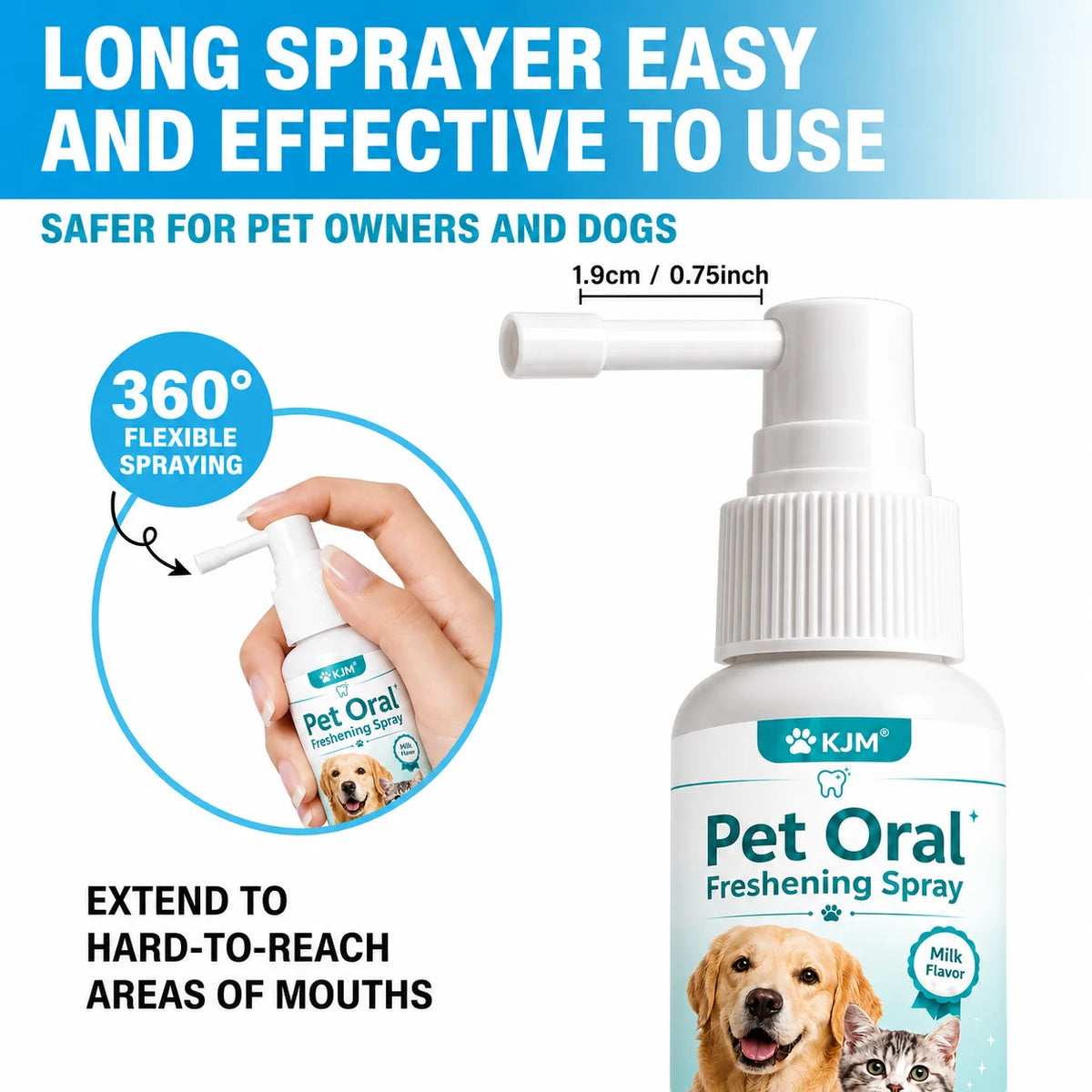 A bottle of Pet Oral Freshening Spray for dogs and cats with a flexible sprayer nozzle.