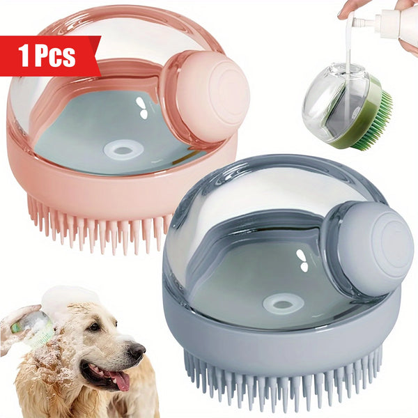 A pink pet bath brush with a built-in dispenser is shown alongside a dog.