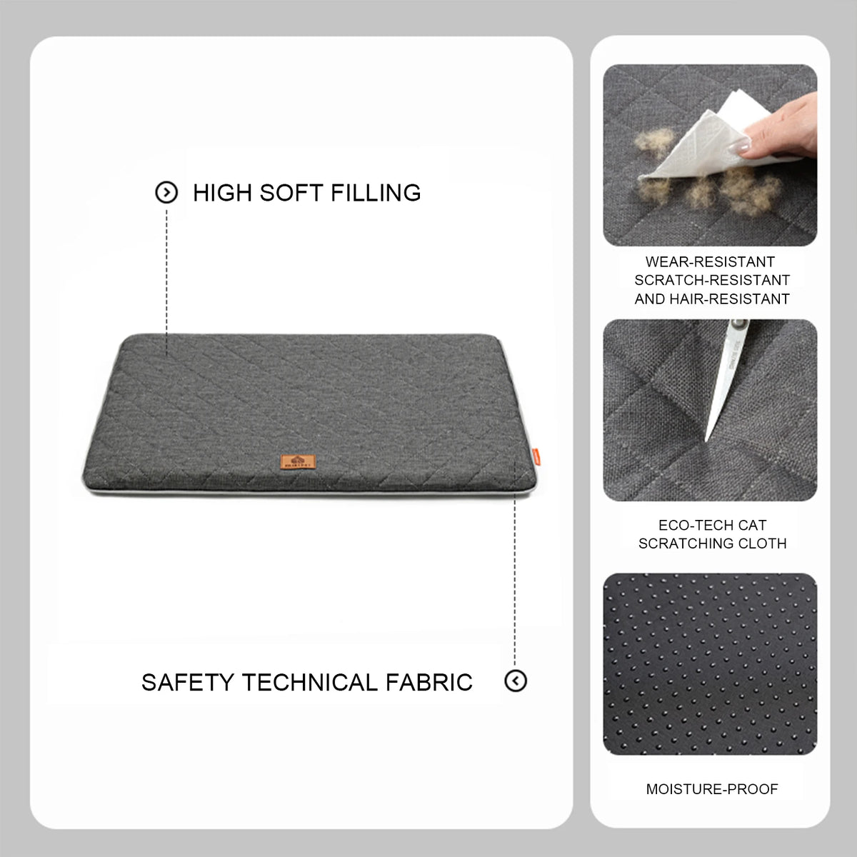 A gray washable dog sleeping mat showing features like high soft filling, wear-resistant fabric, and moisture-proof material.