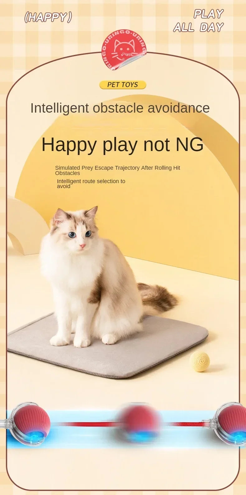 A fluffy white cat is shown interacting with an intelligent obstacle avoidance toy designed for play.