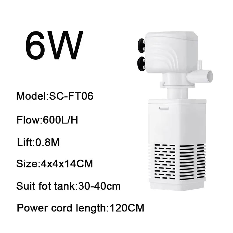 White submersible aquarium filter pump with air pump and wave maker