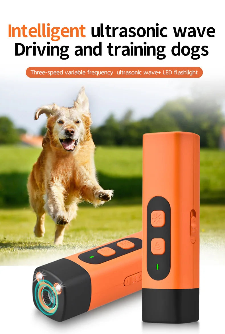 An orange portable ultrasonic device for training and driving dogs is shown next to a dog.